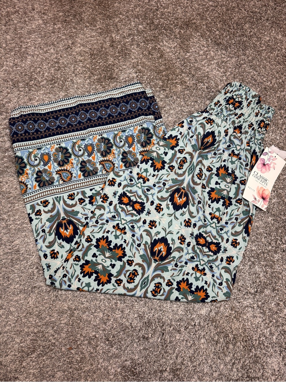 Sage Green Floral Paisley Pants with Smocked Waistband - Picture 3 of 9